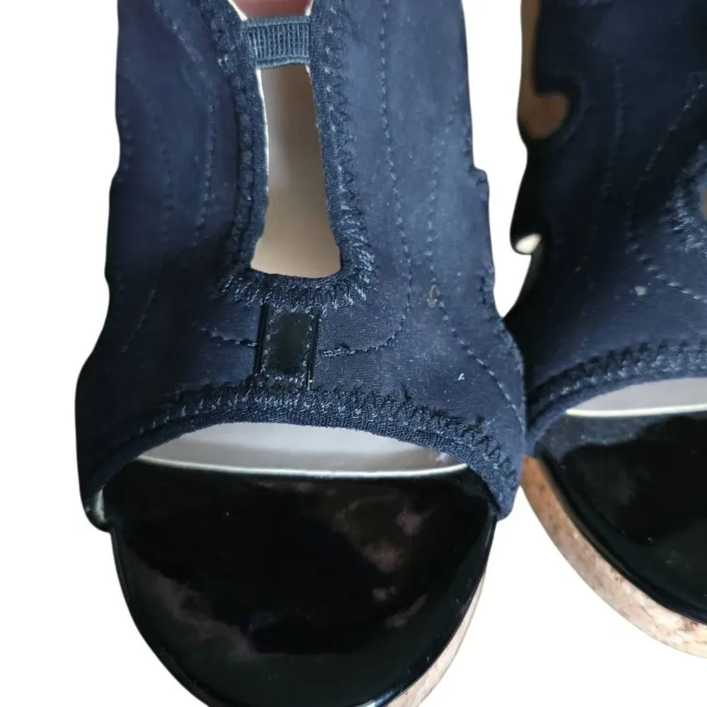 Adrienne Vittadini Women's Size 7 Black Neoprene Cork Slingback Wedge Heels